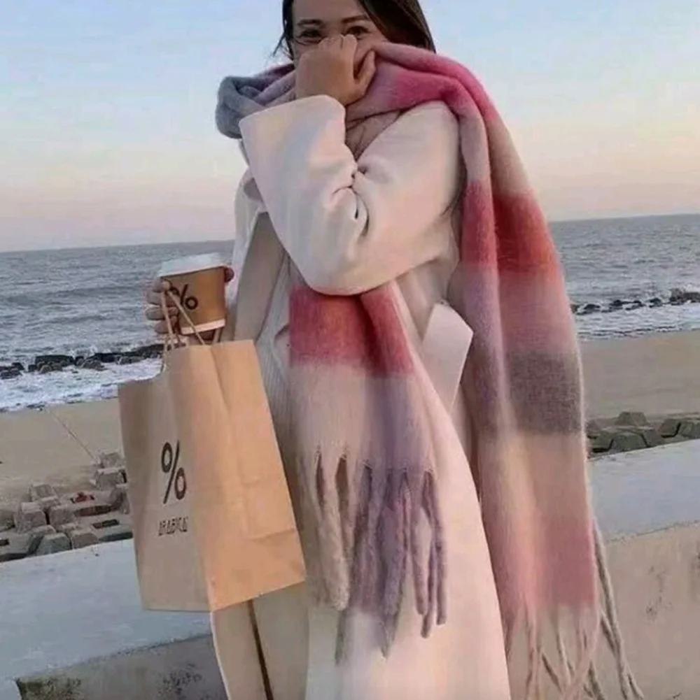 Soft Plaid Pink Multicolored Checkered Scarf With Fringes